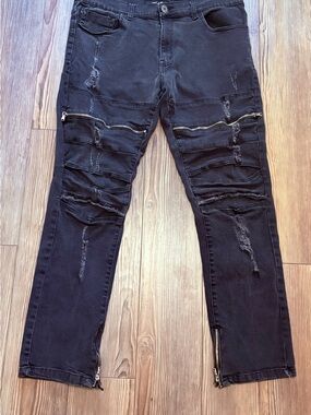 Krisp Black Distressed Moto Biker Jeans 38x32